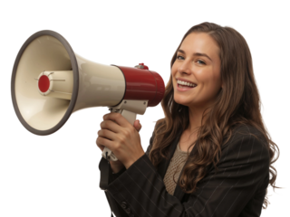 Beautiful young woman smiling holding megaphone isolated on transparent background