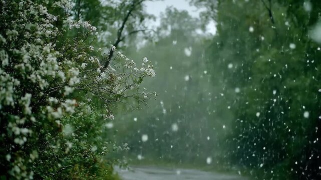 , keywords, and category for the image

 Raining on Bush with Blossoms near Path