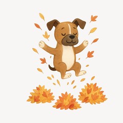 Obraz premium Joyful puppy playing with leaves.