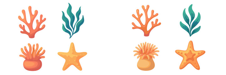 Vibrant underwater marine life elements set with colorful coral, green seaweed, orange sea anemones, yellow starfish, and other aquatic fauna and flora