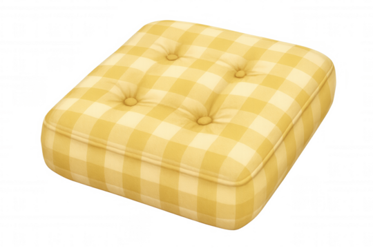 Comfortable checkered yellow cushion isolated on transparent background, ideal for interior design and relaxation concepts