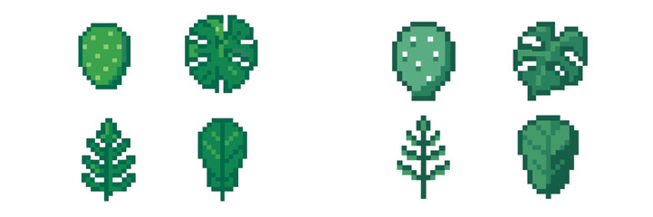 Vibrant green pixel art tropical leaves and botanical elements for digital design projects and game assets