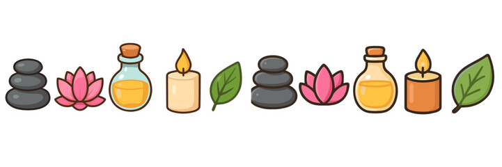 Spa and wellness items with stacked stones, lotus flowers, essential oil bottles, burning candles, and green leaves