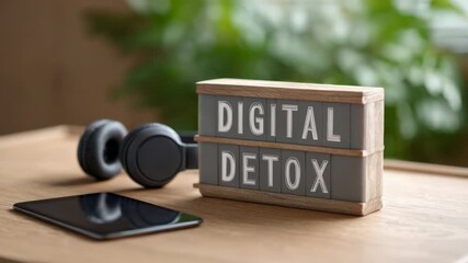Digital detox lightbox messaging sitting between noise canceling headphones and tablet, representing mindful disconnecting from overwhelming digital environment and seeking mental wellness