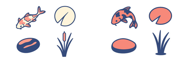 Stylized pond elements collection with colorful koi fish, floating lily pads, smooth stones, and various aquatic plants © icon_art