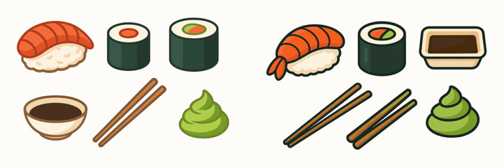 Assortment of Japanese sushi pieces including shrimp nigiri and maki rolls, served with soy sauce, wasabi, and chopsticks
