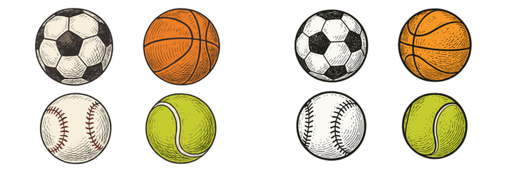 Collection of classic sports balls in vintage engraved style including soccer, basketball, baseball, and tennis