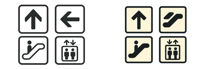 Essential public facility navigation icons including directional arrows, escalator, and elevator symbols for modern wayfinding