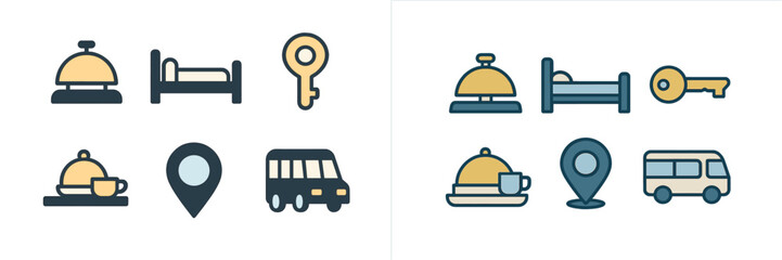Travel and hospitality service symbols featuring hotel, key, bell, room service, location, and bus transportation