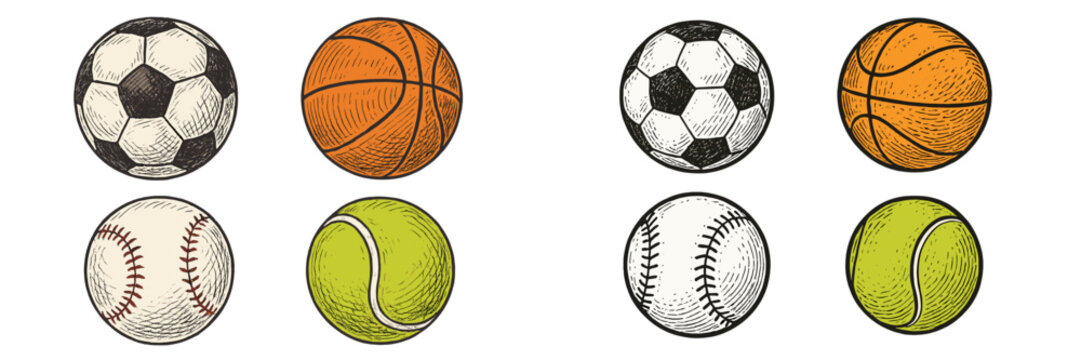 Collection of classic sports balls in vintage engraved style including soccer, basketball, baseball, and tennis
