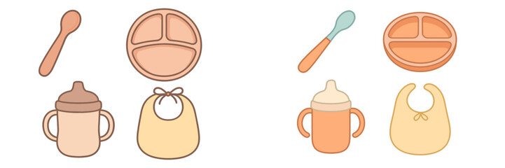 Cute pastel style baby feeding essentials with spoons, plates, bottles, and bibs for infants and toddlers