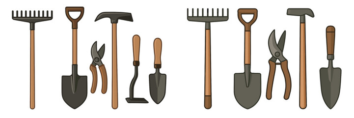 Essential gardening tools set featuring rakes, shovels, trowels, hoes, and pruning shears for outdoor cultivation