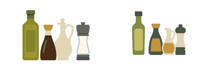 Assortment of kitchen condiments including olive oil, balsamic vinegar, salt, and pepper shakers for cooking preparation