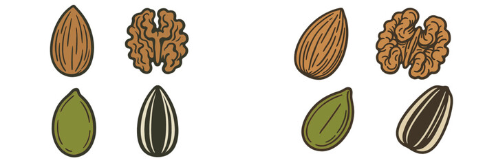 Nutritious assortment of natural nuts and seeds, featuring almond, walnut, pumpkin seed, and sunflower seed varieties
