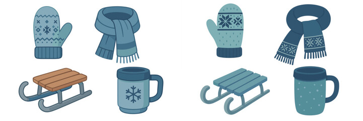 Set of warm winter clothing accessories and outdoor recreational equipment for cold weather and snowy activities