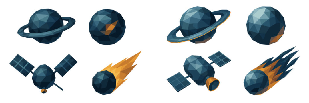 Stylized low poly space objects collection featuring planets with rings, satellites, and comets