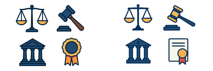 Legal and justice system icons with scales, gavel, courthouse, and official documents for law and order