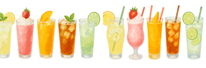 Assortment of vibrant refreshing summer beverages with fruit garnishes and ice in tall glasses on a clean white background