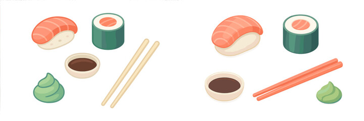 Delicious Japanese sushi set with nigiri, maki rolls, soy sauce, wasabi, and chopsticks for Asian cuisine © icon_art