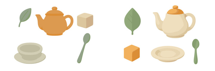 Stylized teaware elements including teapots, cups, saucers, spoons, sugar cubes, and fresh tea leaves