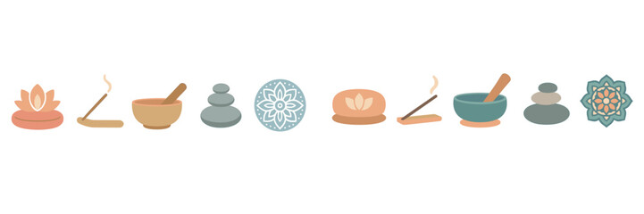 Serene collection of wellness and spa items for meditation and relaxation including lotus flowers, incense, and zen stones