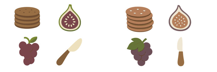 Sweet and savory food elements: stacked cookies, sliced fig, bunch of grapes, and a butter knife
