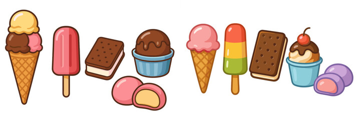 Vibrant assortment of colorful frozen desserts including ice cream cones, popsicles, sandwiches, and mochi treats