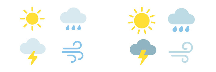 Weather forecast symbols set with sun, rain, storm, and wind icons for meteorological applications