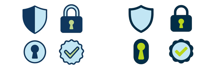 Digital security and privacy icons with shield, padlock, keyhole, and checkmark symbols for online data protection