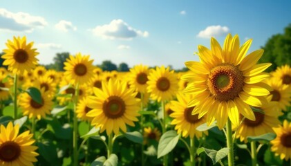 Golden sunflowers in full bloom, vibrant field , pollination, flower, green