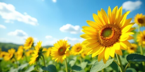 Golden sunflowers in full bloom, vibrant summer sky, stems, field, image