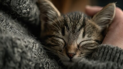 Cozy Moment Adorable Tabby Kitten Soundly Asleep, Snuggled Safely in Loving Embrace, Ideal for Heartwarming Campaigns and RelaxationFocused Projects.