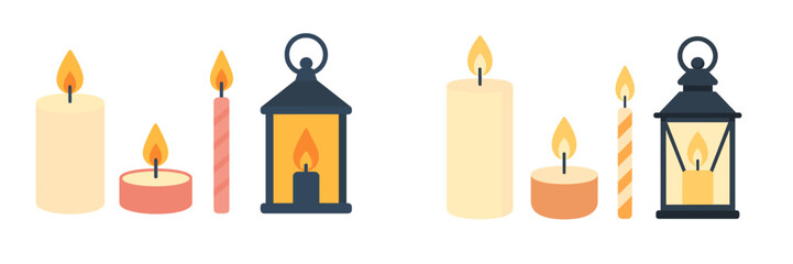 Assortment of glowing candles in various shapes and sizes alongside traditional lanterns providing warm ambient light © icon_art