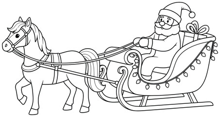 Christmas sleigh illustration of Santa riding in a decorated carriage pulled by a horse with glowing string lights and presents creating a joyful seasonal holiday scene