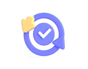 3D rendering of a circular icon, showing a checkmark and a cyclical arrow.  Visually pleasing,  modern design