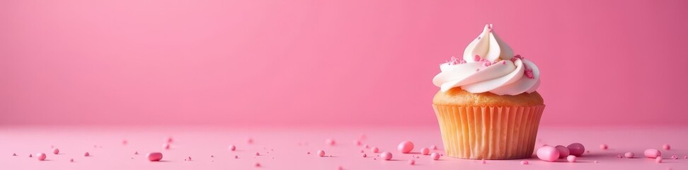 Single cupcake, white frosting, pink sprinkles, pink background, balloons , deliciousness, balloons, airy