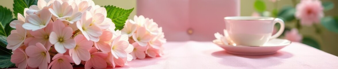 Fototapeta premium Soft pink table setting, white hydrangeas & green ferns, wedding table, delicate