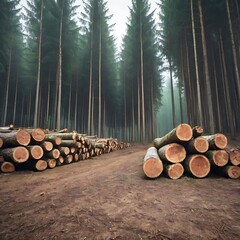 Stack of freshly cut trees in a forest, deforestation concept.