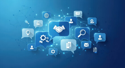 Digital network collaboration: interconnected communication and teamwork visualized with speech bubbles and icons.