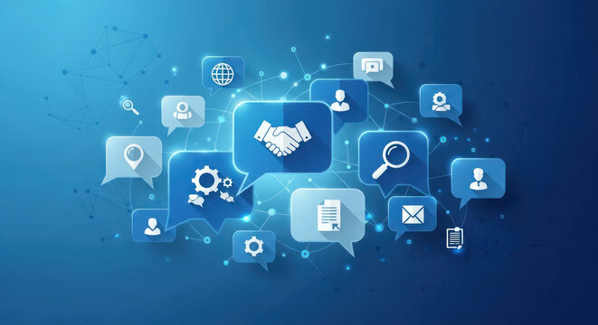 Digital network collaboration: interconnected communication and teamwork visualized with speech bubbles and icons.