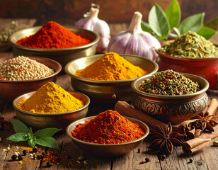 Indian Spices and herbs core ingredients and tray on white background
