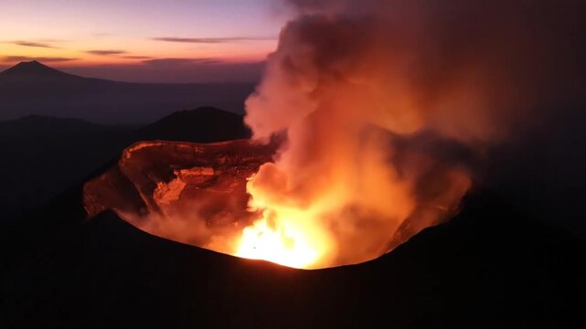 A powerful volcanic eruption at dusk, with molten lava glowing intensely and smoke billowing into the twilight sky