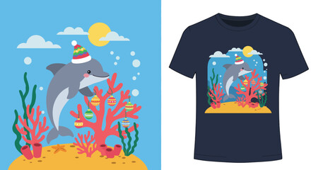 Festive Cartoon Dolphin Wearing Christmas Hat with Coral Reef Decorations