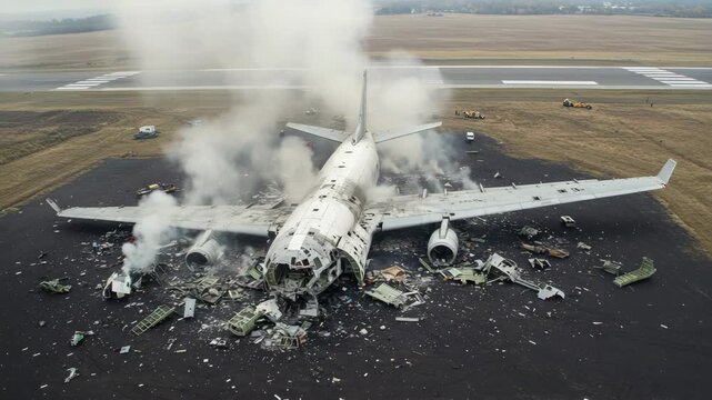 Cargo Plane Crash with Destroyed Nose and Smoke on Runway at Night