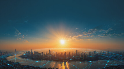 Sunshinea city of modern business and smart digital innovation with a network of interconnected rewards over the cityscape of the future smart wireless digital city and social media network