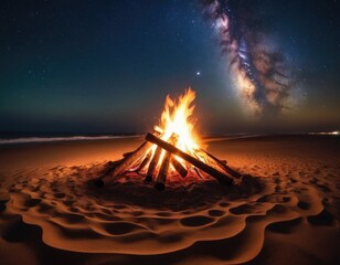 beach party bonfire on the beach at night with a starry sky in the background