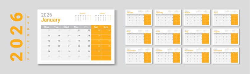 Complete 2026 desk Calendar Template with Simple and Modern Design in Orange. Monthly calendar layout for 2026 year.