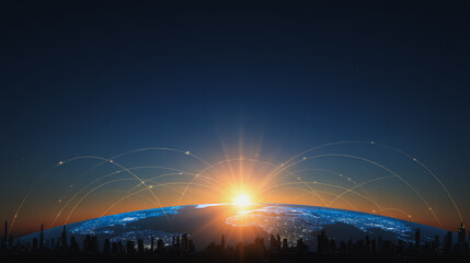 Naklejka premium Sunshinea city of modern business and smart digital innovation with a network of interconnected rewards over the cityscape of the future smart wireless digital city and social media network