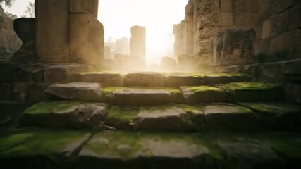 Ancient stone staircase covered in moss, leading upwards towards a bright, hazy light, evoking a sense of mystery and discovery in a forgotten place