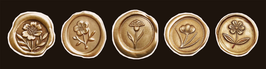 Vintage wax seal set with floral motifs and photocopy texture effect. Useful for invitation templates, decorative prints, retro packaging, and nostalgic creative work.
